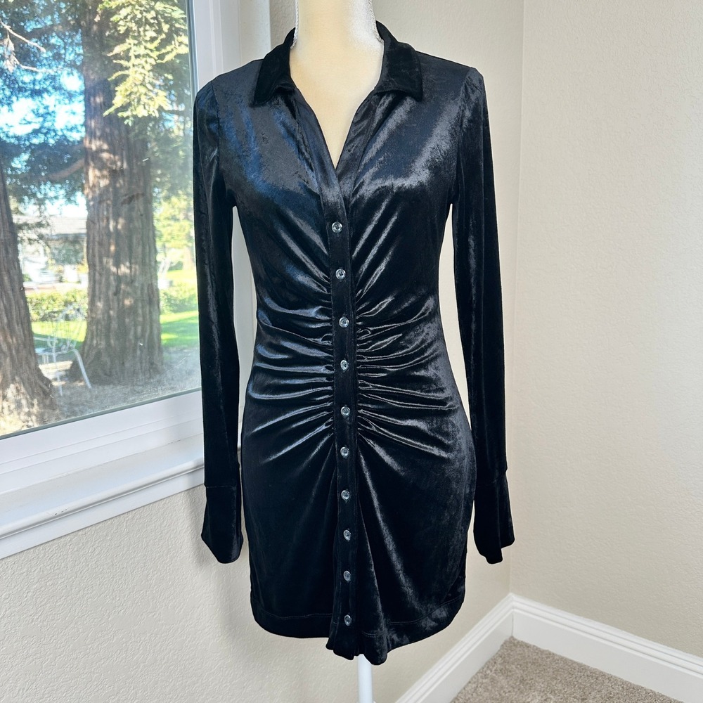 Free People Shayla Plush Velvet Mini Dress Womens S Black Whimsigoth Sleek Shiny